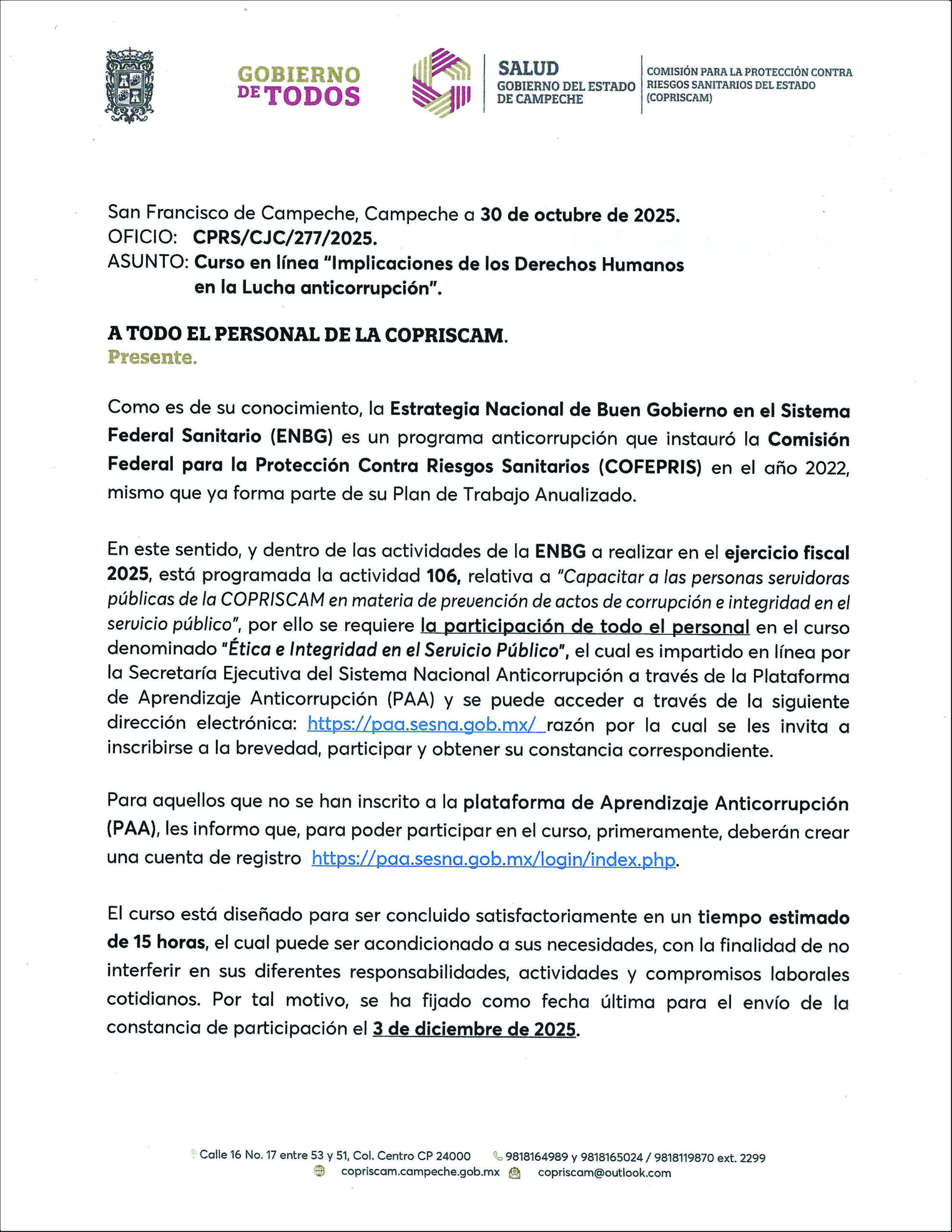 Evidencia COPRISCAM